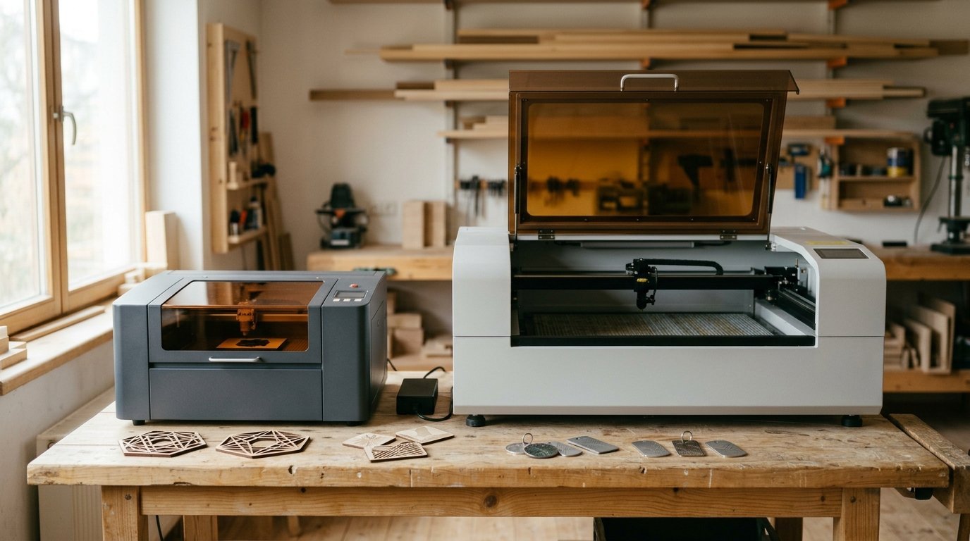 AI-generated photo-style image of a budget enclosed laser and a large enclosed laser cutter on a bench