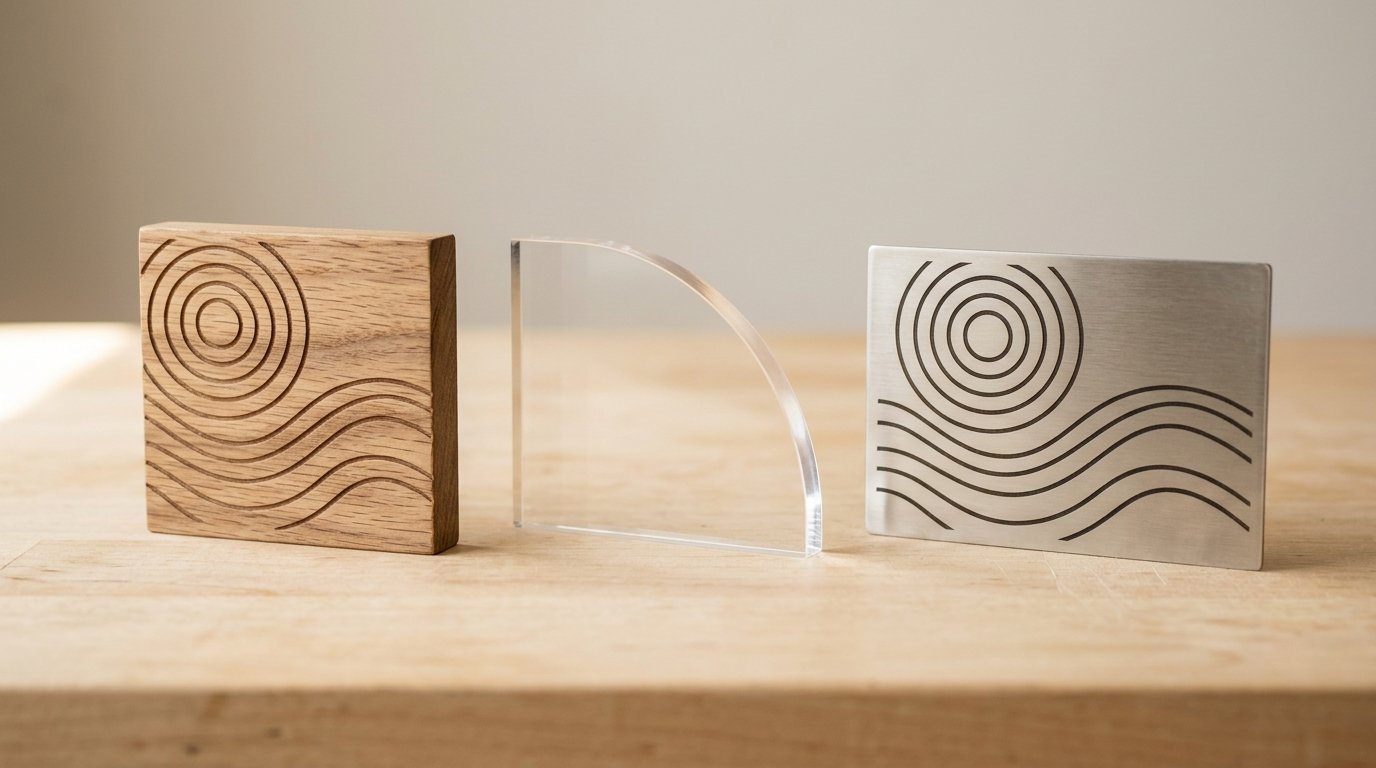 AI-generated photo-style image comparing engraved wood, cut clear acrylic and marked metal samples