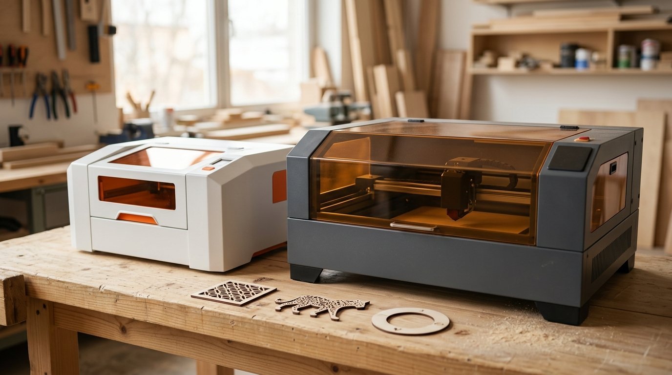 AI-generated photo-style image of two different enclosed laser engravers side by side on a workbench