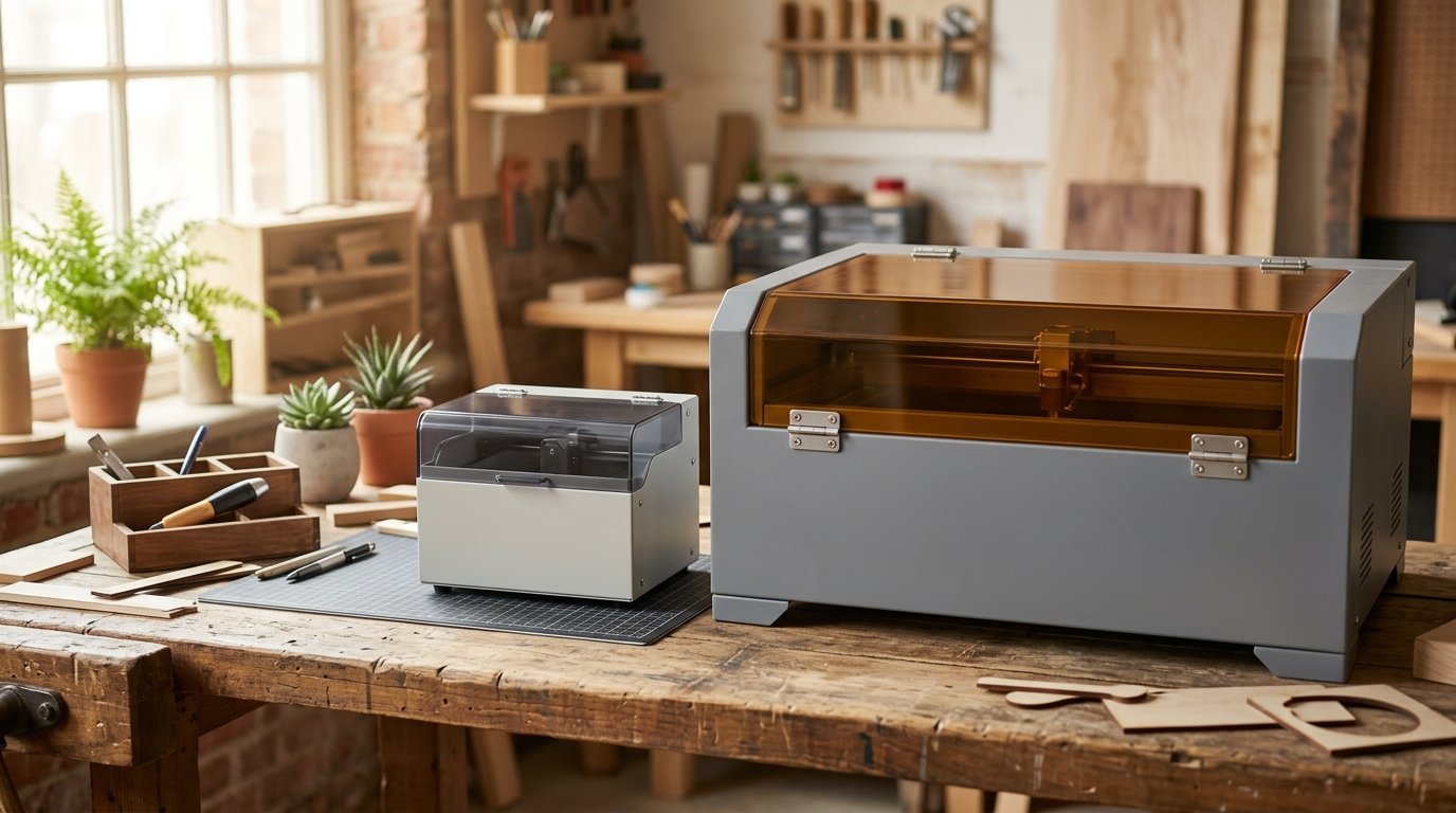 AI-generated photo-style image of a small and a large enclosed laser engraver compared on a bench