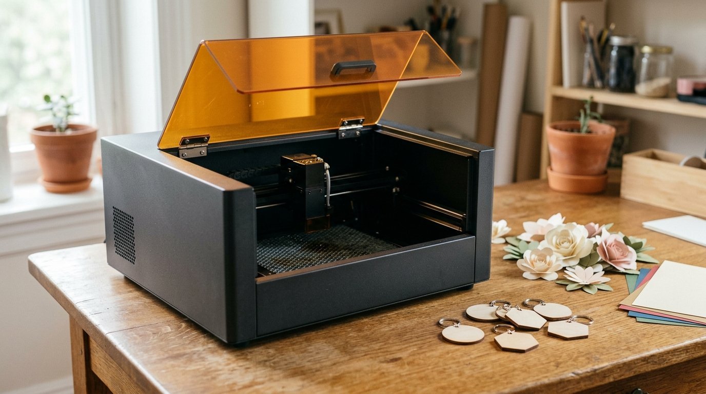 AI-generated photo-style image of a small enclosed craft laser next to paper and thin wood crafts on a desk