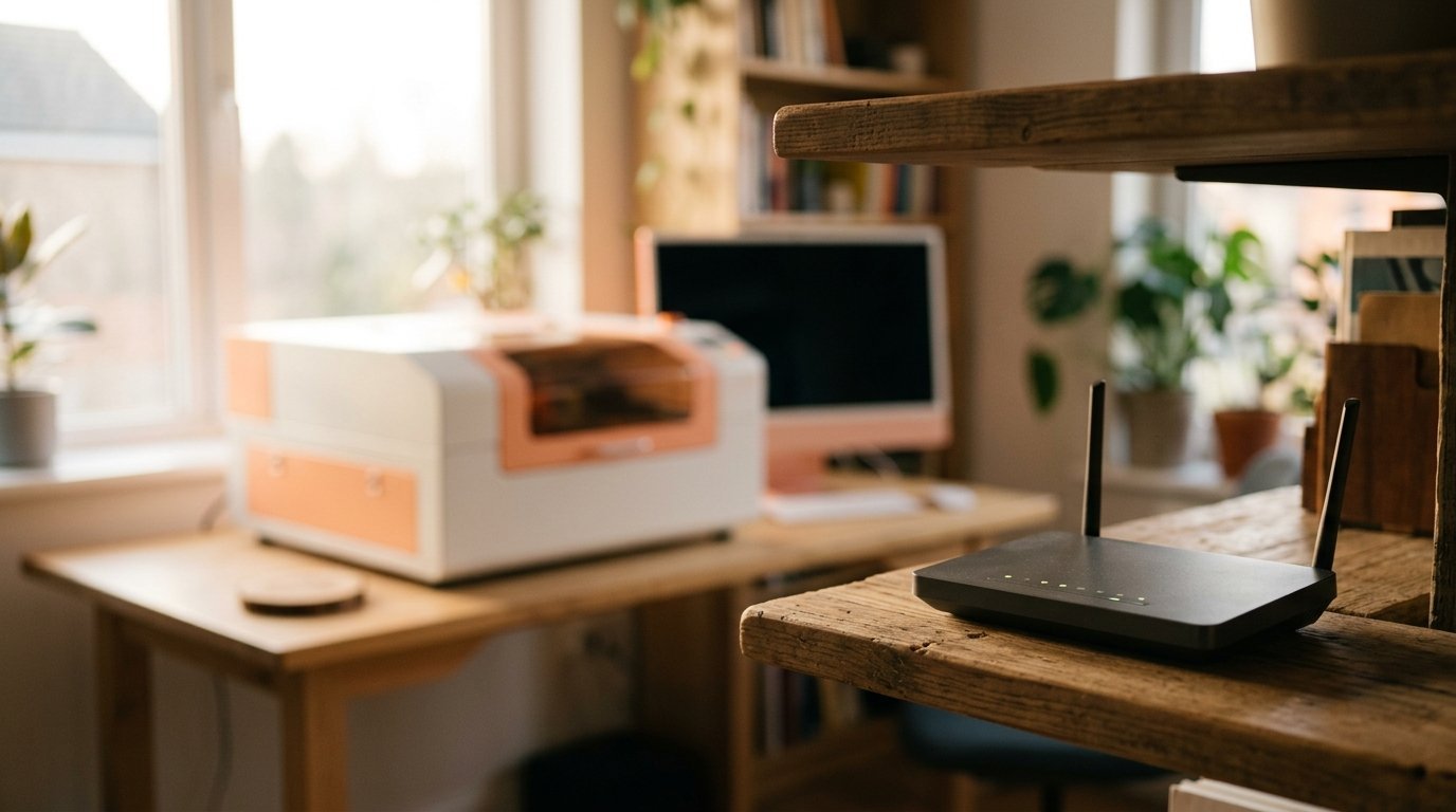 AI-generated photo-style image of a Wi-Fi router on a shelf near an enclosed craft laser