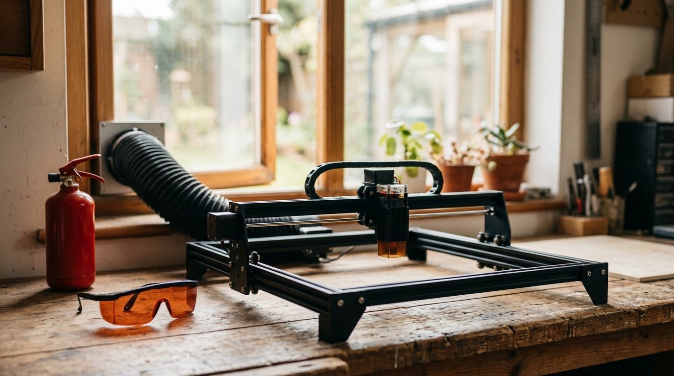 AI-generated photo-style image of laser safety glasses, a fire extinguisher and a fume extractor beside a laser engraver