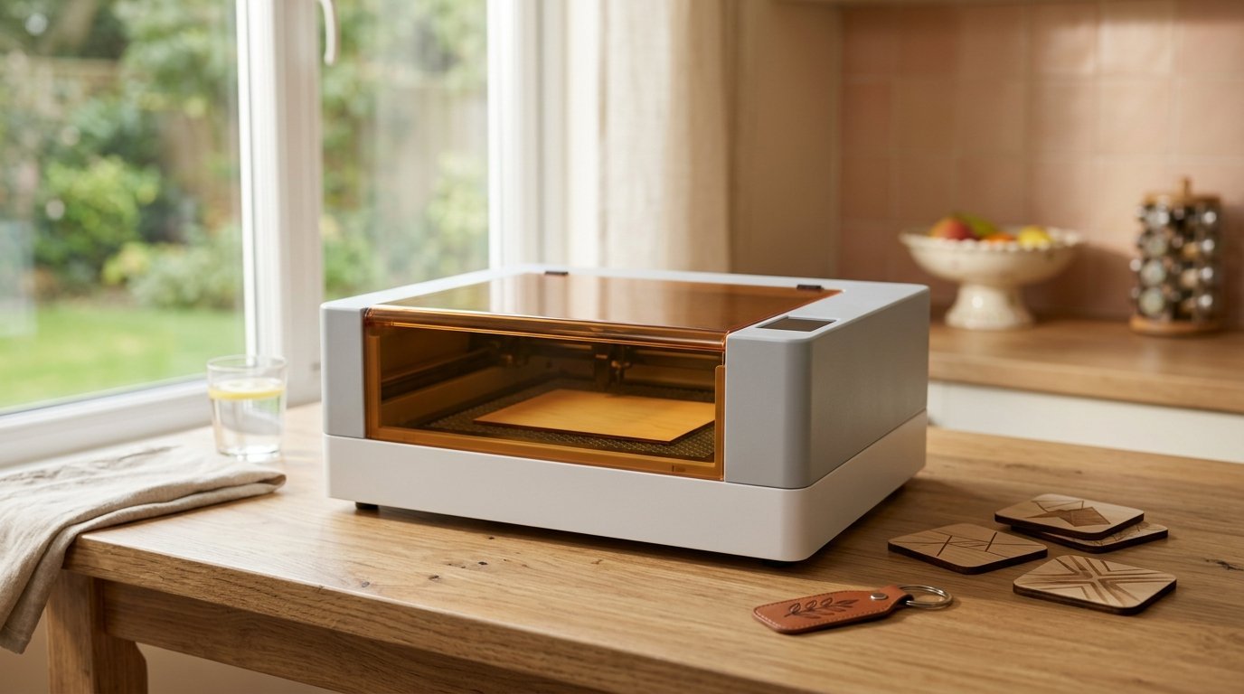 AI-generated photo-style image of a beginner's enclosed laser engraver with simple engraved coasters at home