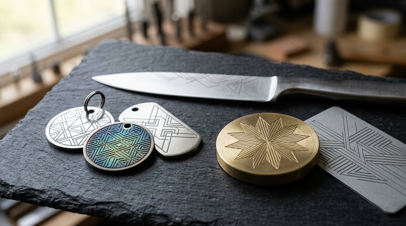 AI-generated photo-style image of engraved metal tags, a knife blade and a brass coin with abstract patterns