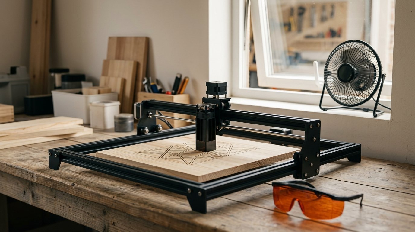 AI-generated photo-style image of an affordable open-frame diode laser engraving a wooden board in a garage