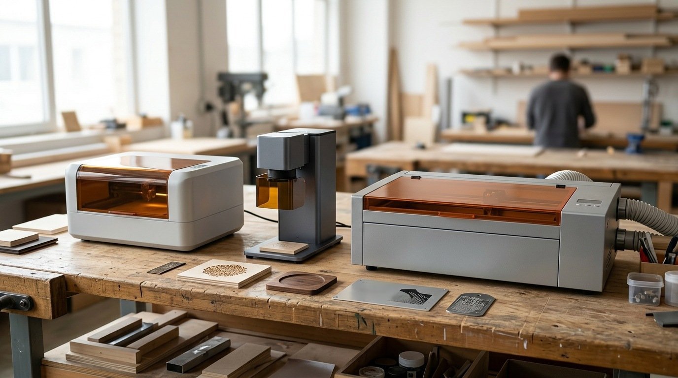 AI-generated photo-style image of three different types of laser engravers on a long workshop bench
