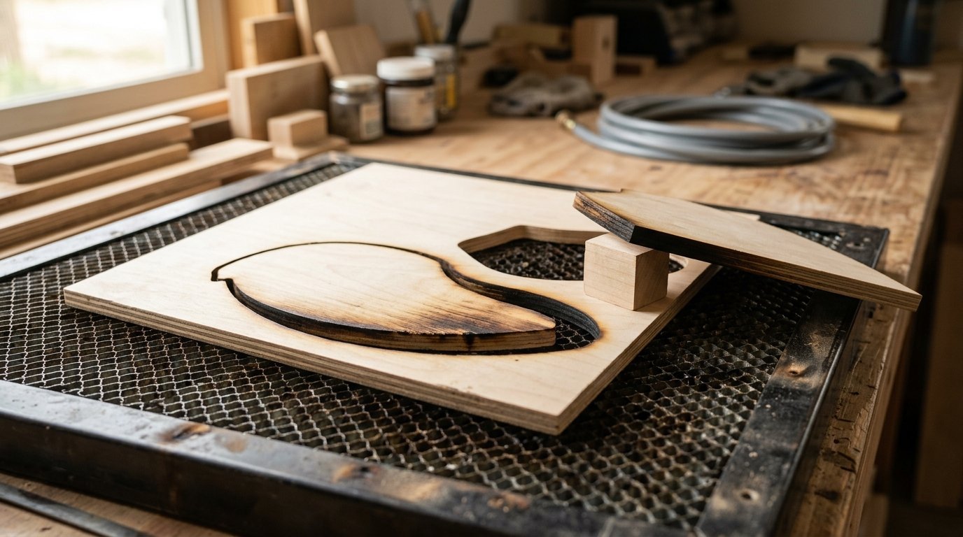 AI-generated photo-style image of a plywood sheet with a laser cut that has not gone all the way through