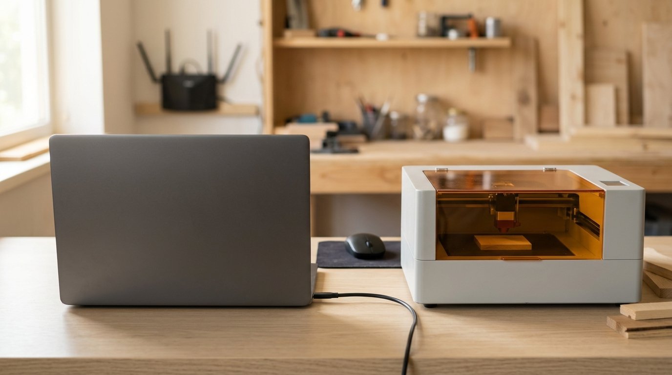 AI-generated photo-style image of a laptop connected by a USB cable to an enclosed laser engraver