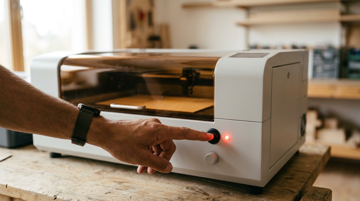 AI-generated photo-style image of a hand pressing the button on an enclosed laser engraver with a red status light