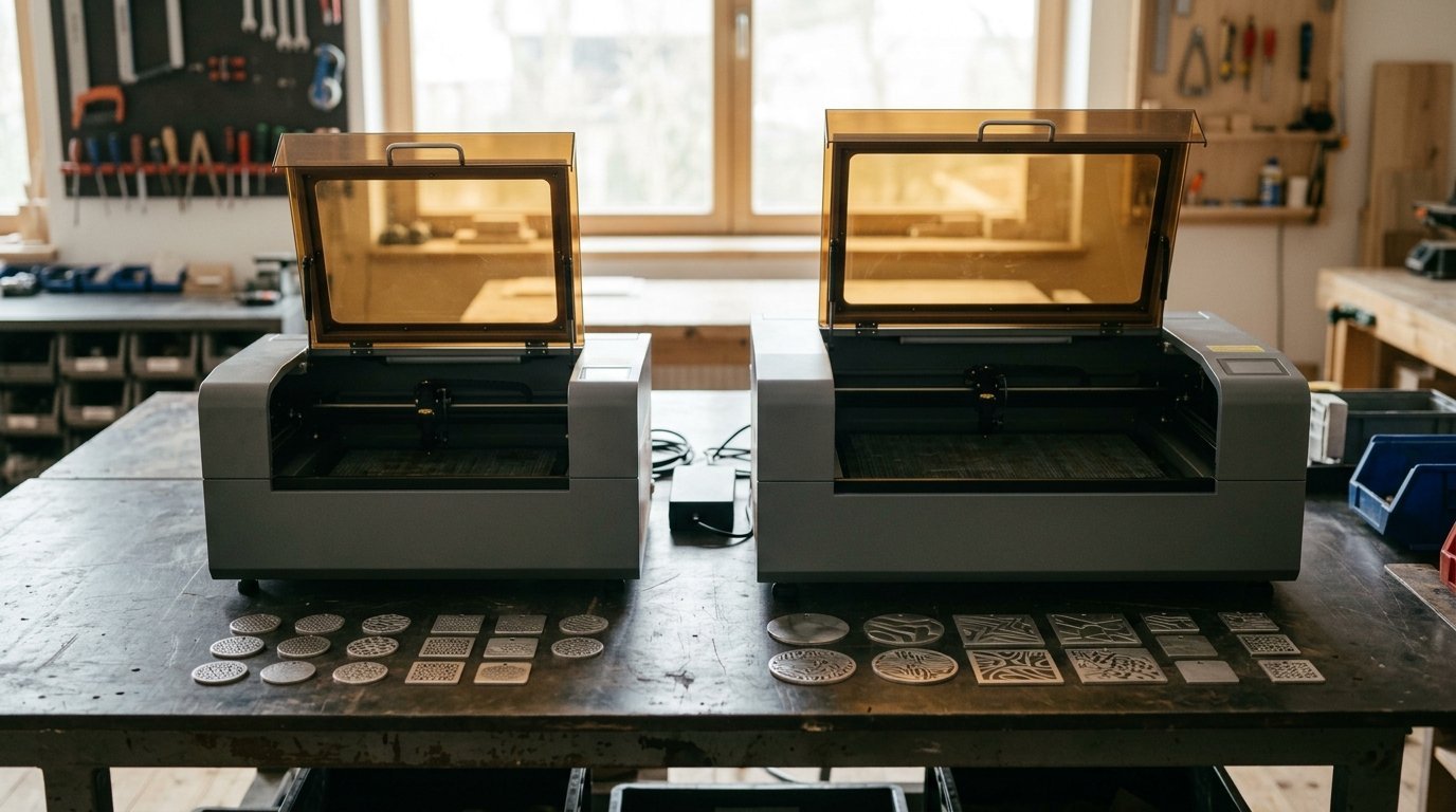 AI-generated photo-style image of two enclosed laser engravers of different sizes with engraved metal samples in front
