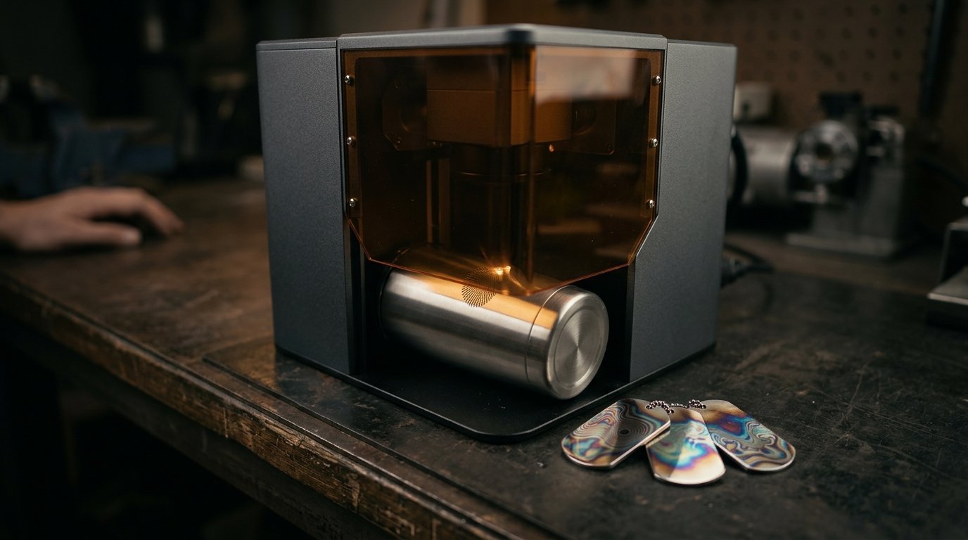 AI-generated photo-style image of a fiber laser engraver marking a stainless steel tumbler with colourful oxide marks nearby