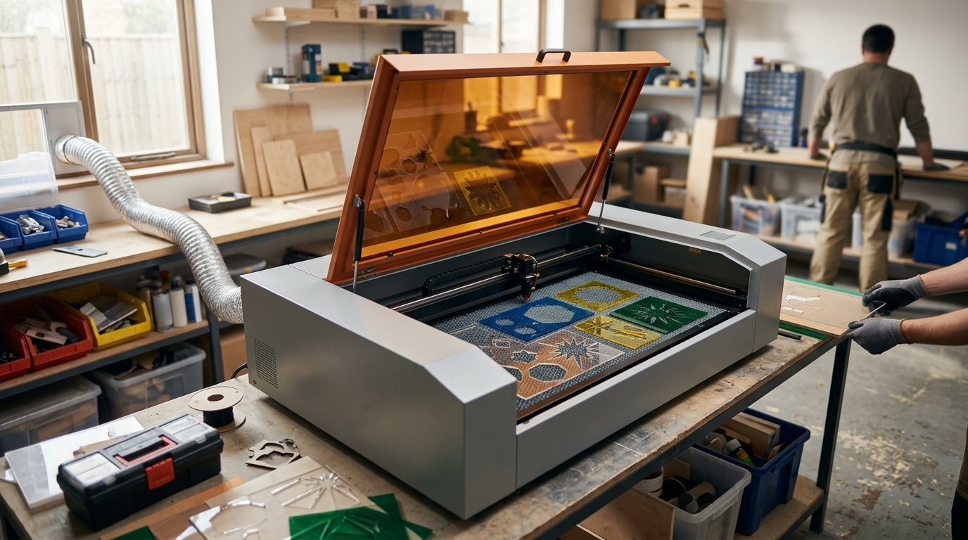 AI-generated photo-style image of a desktop CO2 laser cutter with clear acrylic pieces cut on its bed