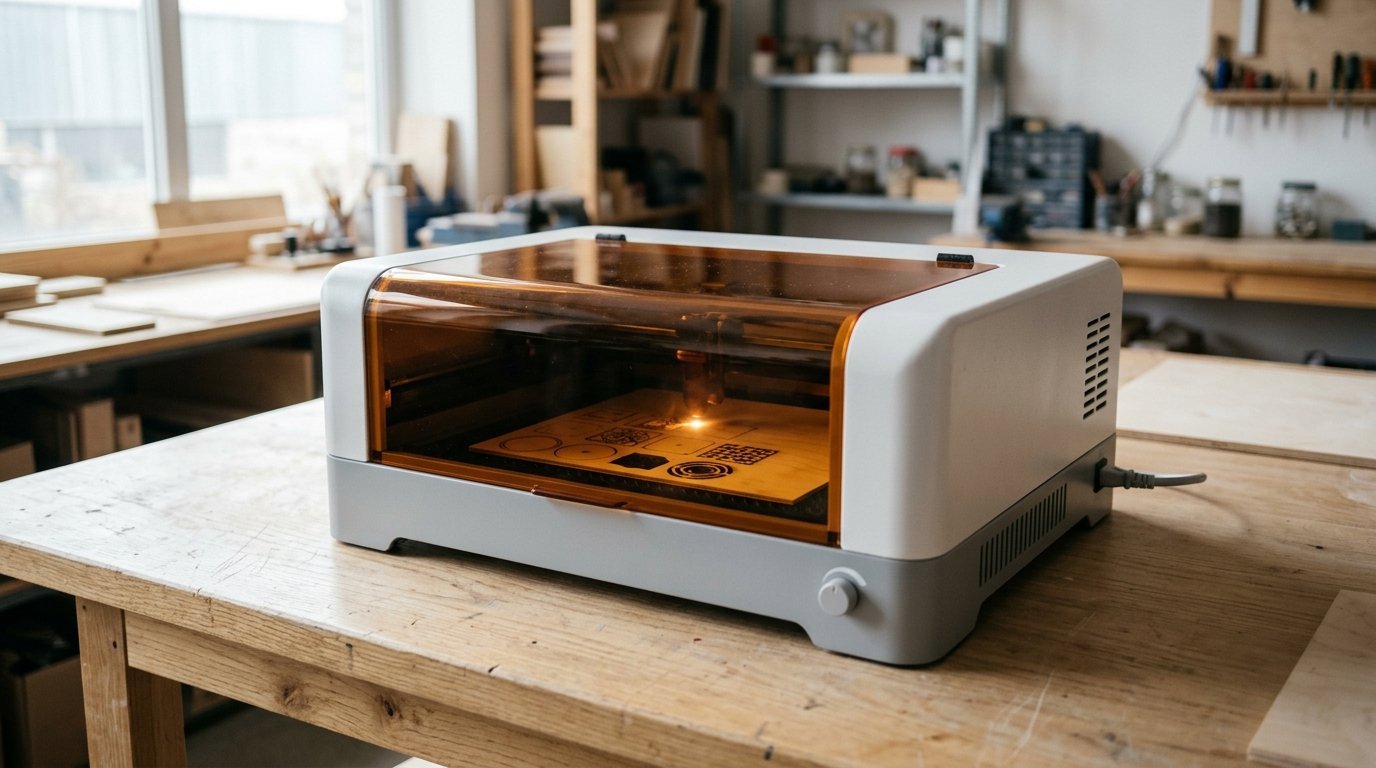 AI-generated photo-style image of an enclosed diode laser engraver cutting plywood shapes on a workshop bench